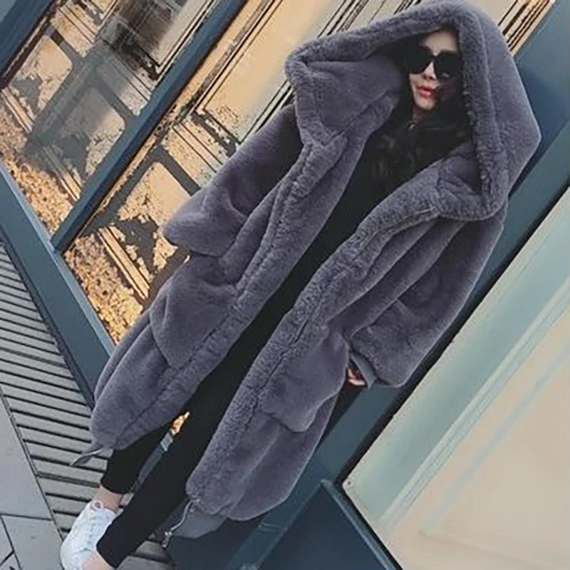 

2021Style Ladies Thickened Long Hooded Fur Jacket Imitation Rex Rabbit Fur Plush Coat Women Loose Warm Plush Coat Пальто женское