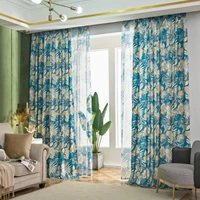 blue burnt out flower printed gauze curtains suitable for bedroom american pastoral plants semi shading kitchen study curtain60