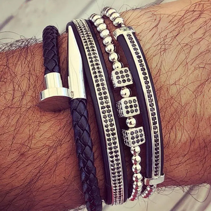 Роскошный мужской браслет из нержавеющей стали с фианитом регулируемый для