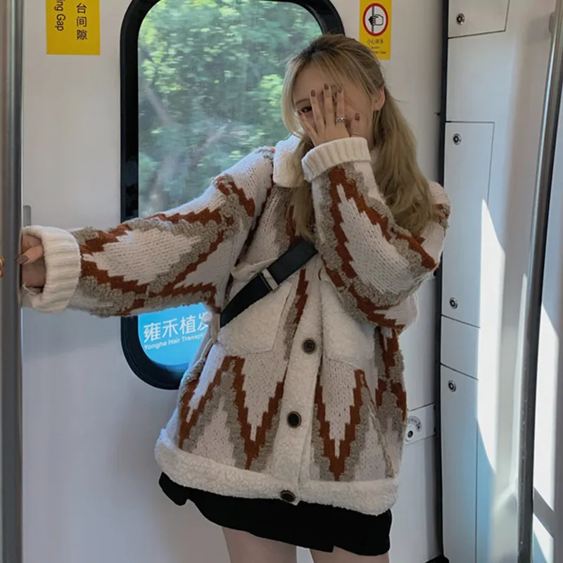 

Свитер-пальто для женщин на весну и осень, новинка, шерстяной плотный Свободный кардиган в Корейском стиле, верхняя одежда, женские свитера