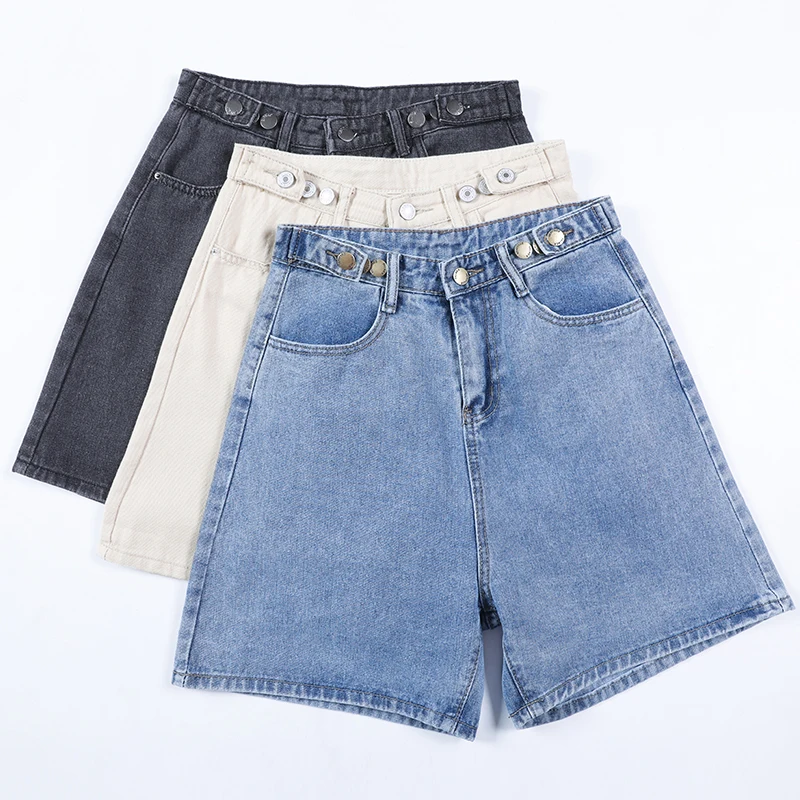 

2021 New Summer Women High Waist Button Wigh Leg Jeans Shorts Casual Female Loose Fit Blue Denim Shorts