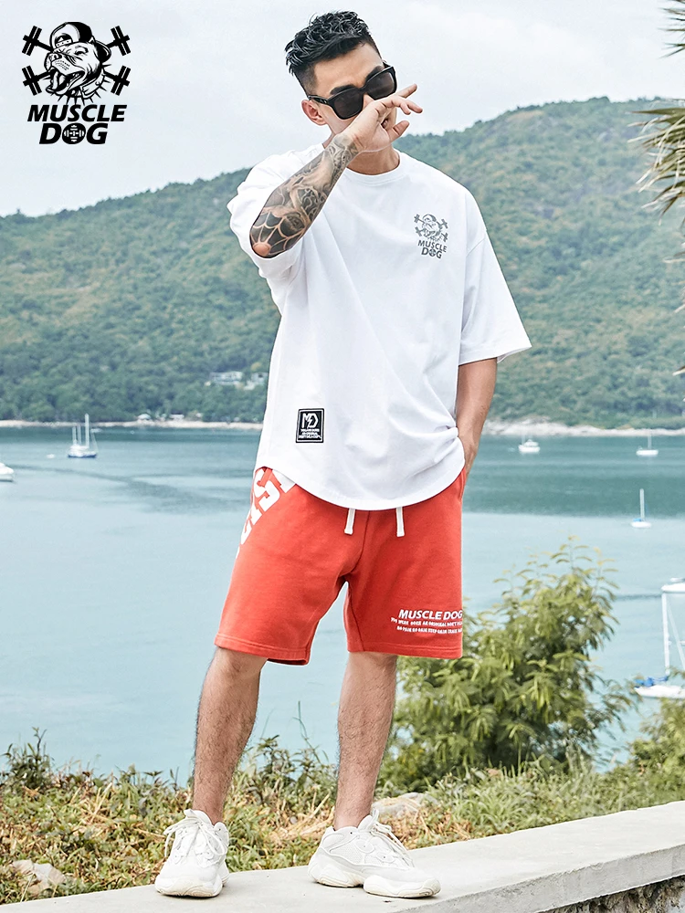 

Muscle dog popular logo splash-ink simple print loose large size half - sleeved exercise clothes training short - sleeved T-shir