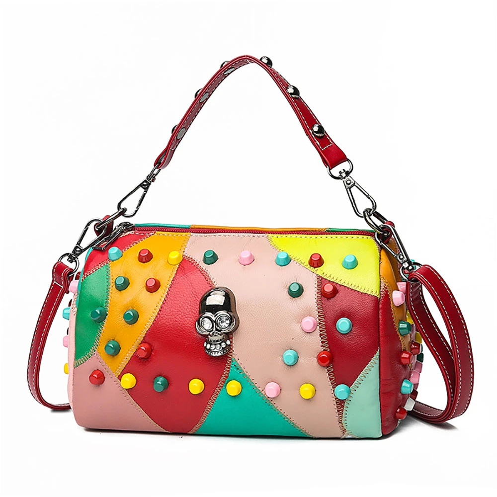 

Genuine Leather Summer Women Bags Colorful Crossbody Handbag Women Patchwork Rivet Female Handbags Sheepskin Skull Lady's Bag