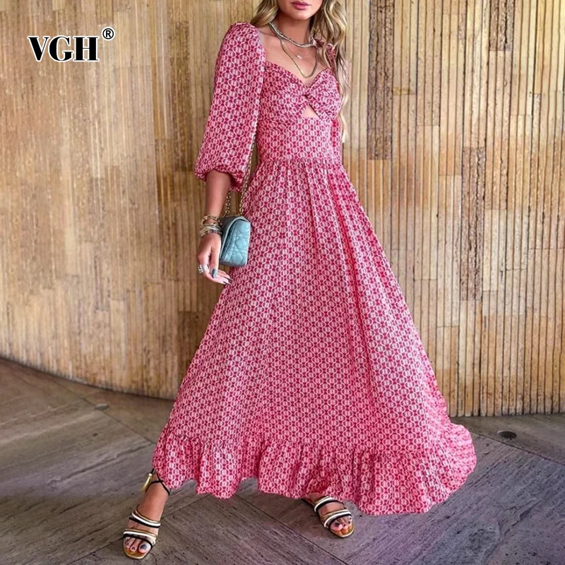 

Женское винтажное платье-макси VGH, летнее ажурное платье с квадратным вырезом, длинными рукавами-фонариками, высокой талией и трапециевидны...