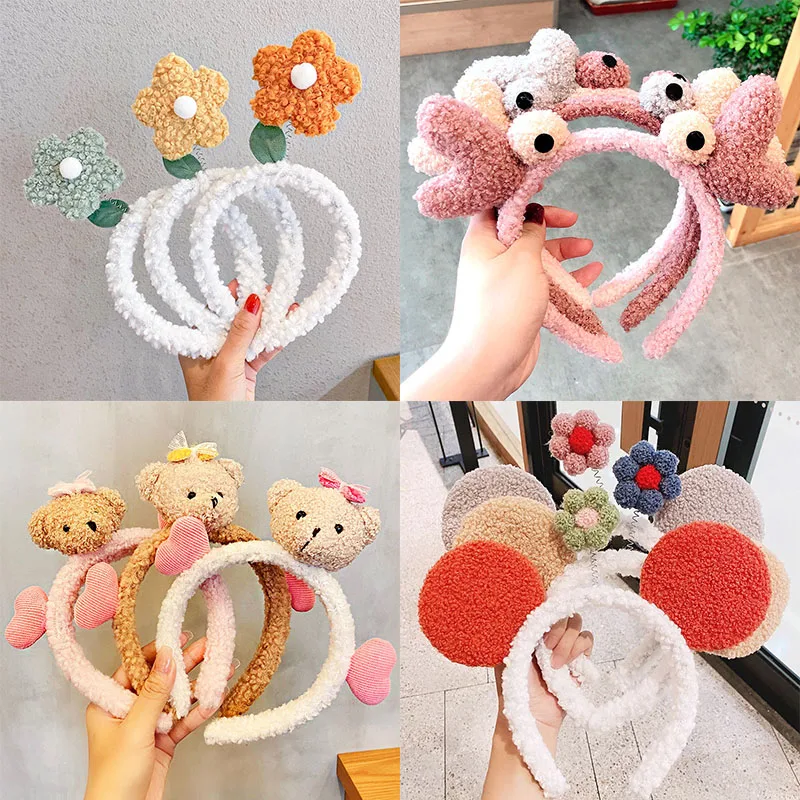 

Милые плюшевые повязки для волос с цветами и короной крабов для женщин и девочек, милые украшения для волос, повязка на голову из овечьей шер...
