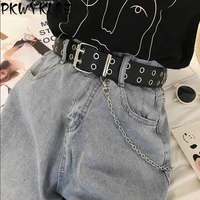 2021 fashion harajuku womens punk chain belt adjustable black doublesingle eyelet buttonhole metal buckle leather belt jeans