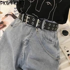 Ремень женский в стиле Харадзюку, черный кожаный регулируемый пояс с металлической пряжкой, с цепочкой, с двумяодинарными люверсами, в стиле панк, для джинсов, 2021