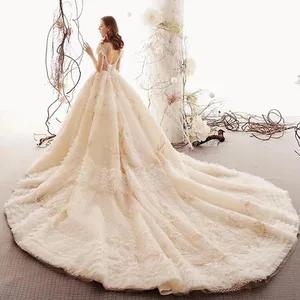 Latest Luxury Champagne Lace Short Sleeve Bridal Wedding Dresses High Neck Beading Tiered Skirt Wedding Gowns for Bride Back Out Latest Luxury Champagne Lace Short Sleeve Bridal Wedding Dresses High Neck Beading Tiered Skirt Wedding Gowns for Bride Back Out