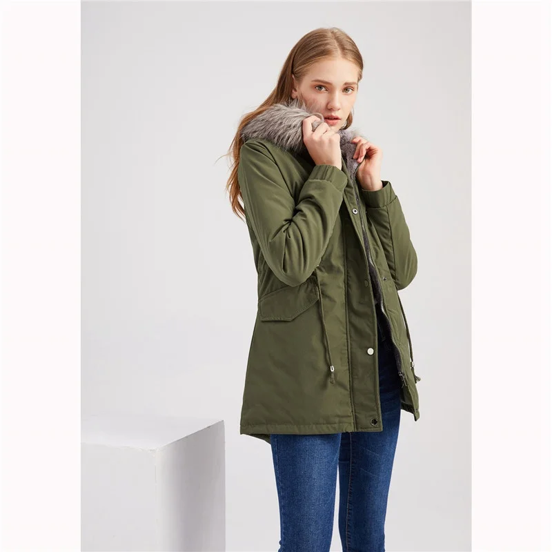 HOODED LADIES FAUX FUR WOMENS GIRLS PARKA COAT TRENCH JACKET MEDIUM LENGTH