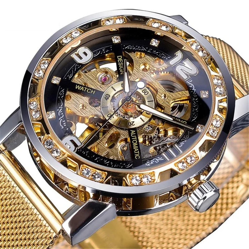 

FORSINING614 fashion watch casual mesh belt hollow rhinestone men's manual mechanical watch