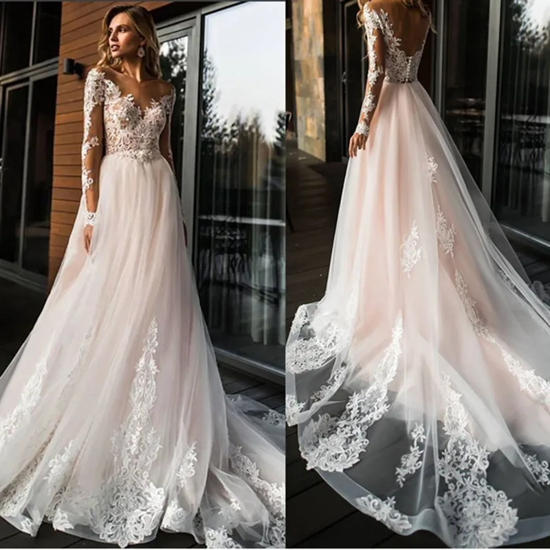 as picture Vestido de novia белый слоновая кость Тюль свадебное платье с открытой спиной линии Свадебные платья для невесты с Длинными Рукавами Свадебное шелковое с аппликацией платья - Цвет: as picture