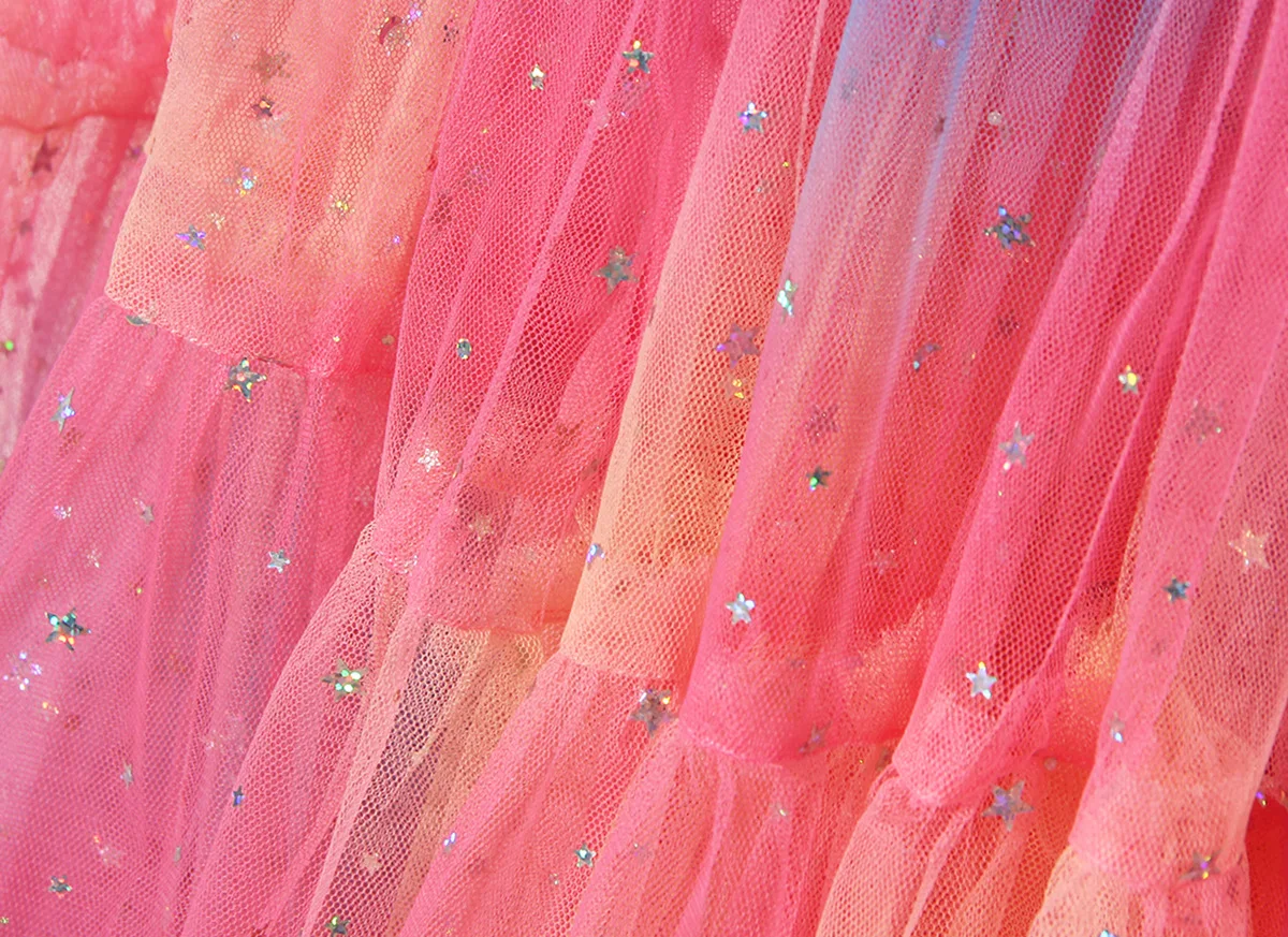 

2021 Summer New Tie-Dyed Skirt Sequin Stitching Oversized A- Line Faldas Mujer Mesh Women High Waist Puffy Mid-Length Skirt