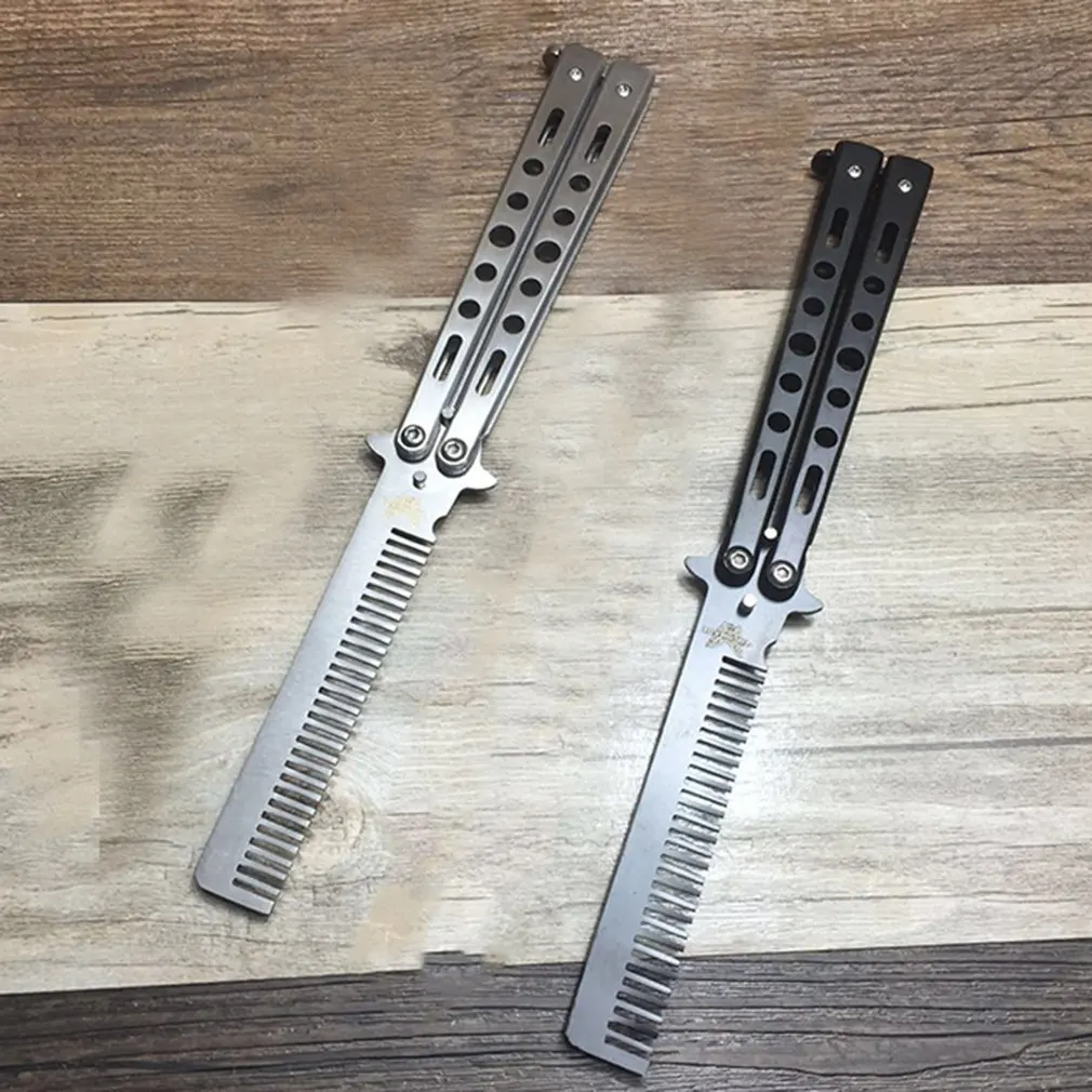 Professional Salon Stainless Steel Folding Butterfly Knife Hair Comb - Training and Styling Tool - Black/Silver image 5