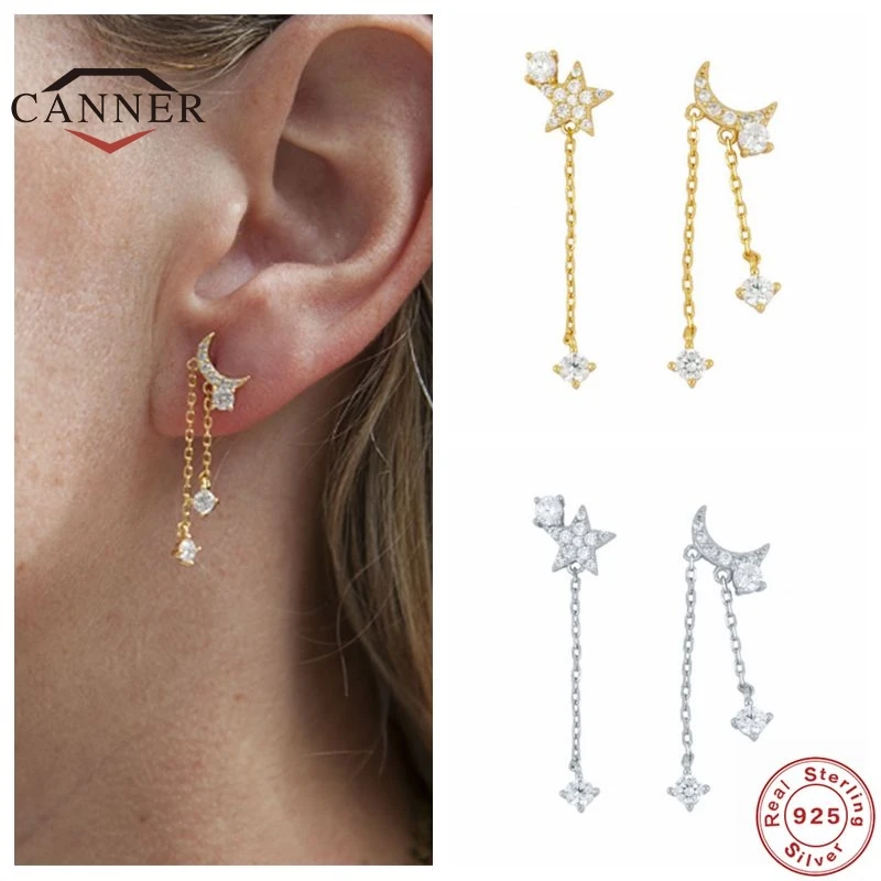 

CANNER 925 Sterling Silver Bohemian Style Star Moon Chain Zircon Stud Earrings For Women Piercing Earring Jewelry pendientes
