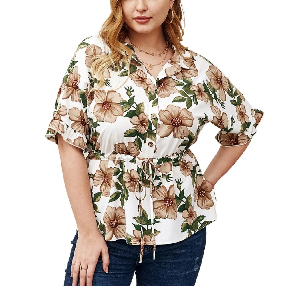

2021 New Summer Women Turn-down Collar Short Sleeve Print Plus Size Casual Top Blouse Shirt Office Lady Beach Style Fashion Tops