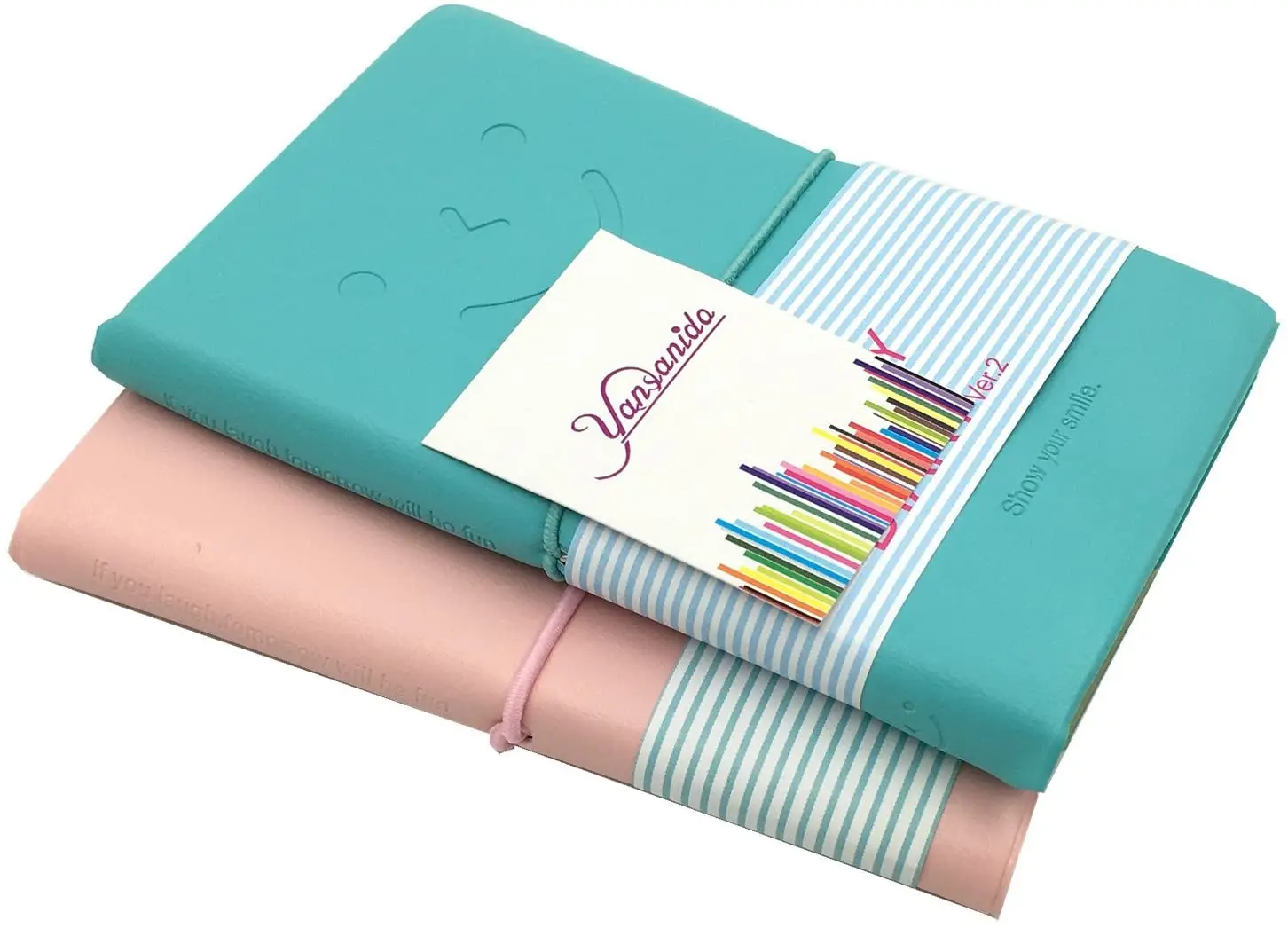 

2Pack/Set PU Leather Mini Pocket Colorful Smiley Notebook Super Diary Memo Notebook 5x3 Inch Case with A Rubber Band Closure