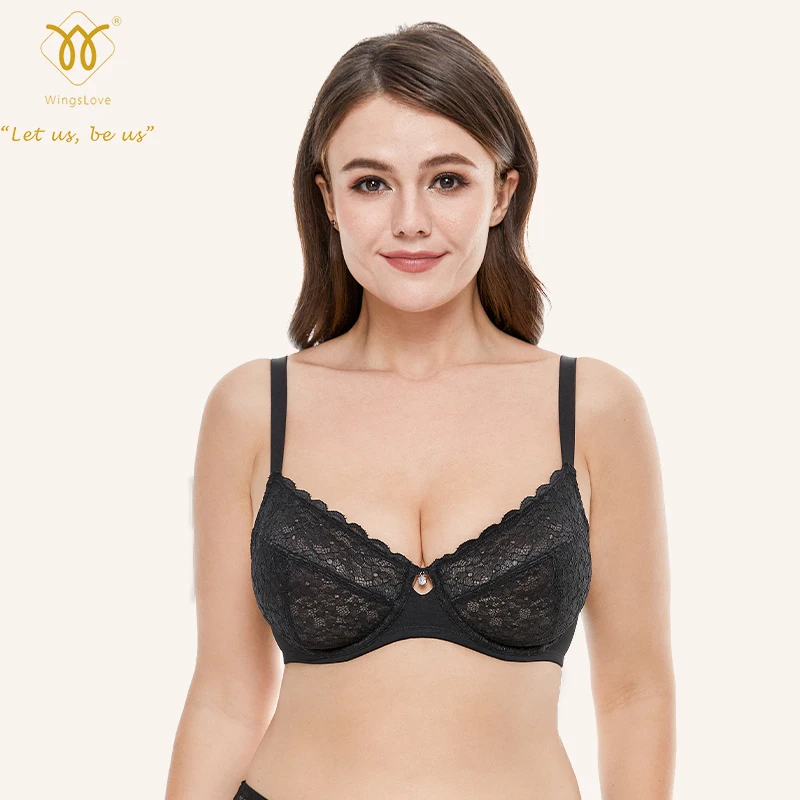 

Wingslove Full Coverage Underwire Flora Lace Bra Non-Padded Push Up Mesh Lingerie Brassiere Size 32B-38DDD Underwear For Women