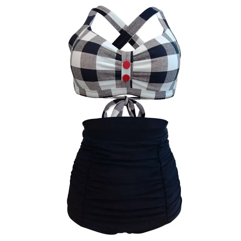 C-Bikini Set (4) Винтажный пуш-ап бикини Топ контрастный цвет клетчатый принт бикини бюстгальтер сексуальный женский бандаж из двух частей раздельный купальник синий красный черный - Цвет: C-Bikini Set (4)