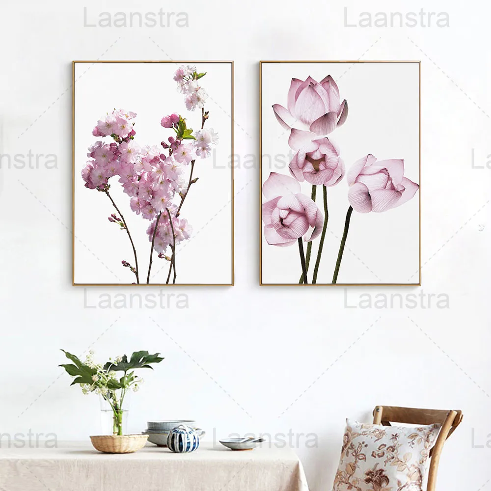 

Pink Flower Branch Home Decoration Painting Lotus Peach Blossom Living Room Wall Canvas Poster Simple White Background Print