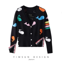 2021 autumn new tbb small whale intarsia knit sweater cardigan female color jacquard pattern v neck jacket for men and women