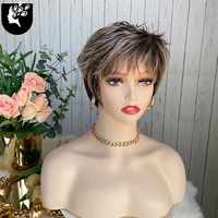 women wig synthetic short wave hair puffy bangs wig blonde brown heat resistant for white people daily use wigs