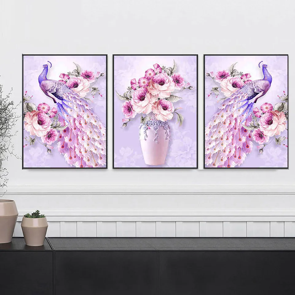 

3 pieces Pink peacocks flower 5D diamond painting cross stitch full square round drill diy embroidery triptych home decor