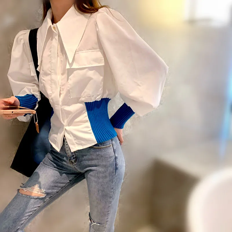 

Fashion Korean Women Shirts Blouses Long Lantern Sleeve Short Spliced Patchwork Blouses Woman Shirts Loose Blouses Tunic NS805