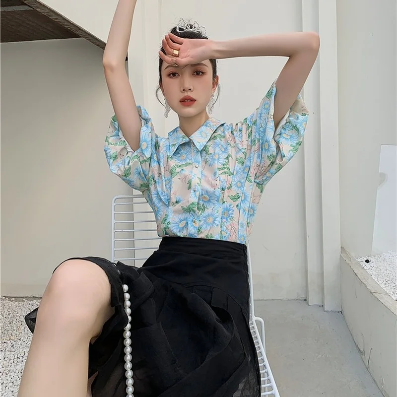 

Korejepo Women Blouse 2021 Summer New French Sweet Retro Blue Floral Print Turn-down Collar Puff Sleeve Collar Shirt Female Tops