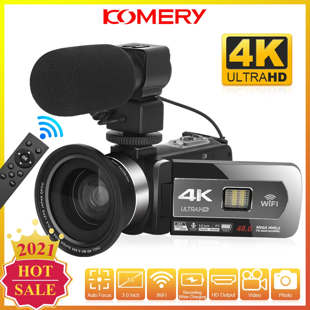 

KOMERY UHD 4K 18X AF видеокамера, видеокамера для YouTube, 48 МП встроенная заполняющая подсветка веб-камера, видеокамера с функцией Wi-Fi
