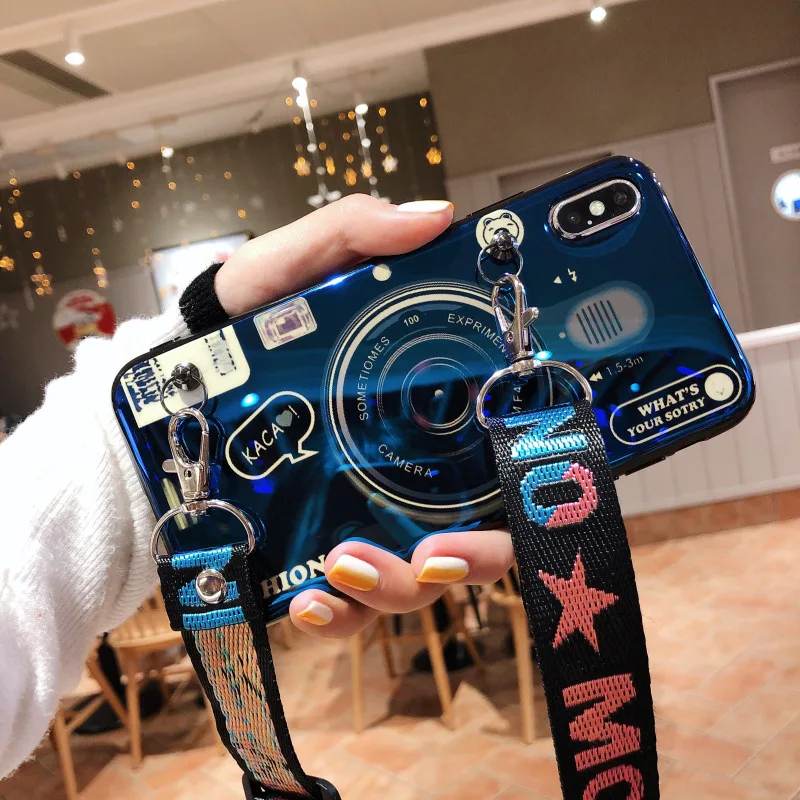 Vintage Cartoon Case with Straps for iPhone 6 6s plus 7 8 Blue Ray Cover x xs max xr Soft Lanyard | Мобильные телефоны и