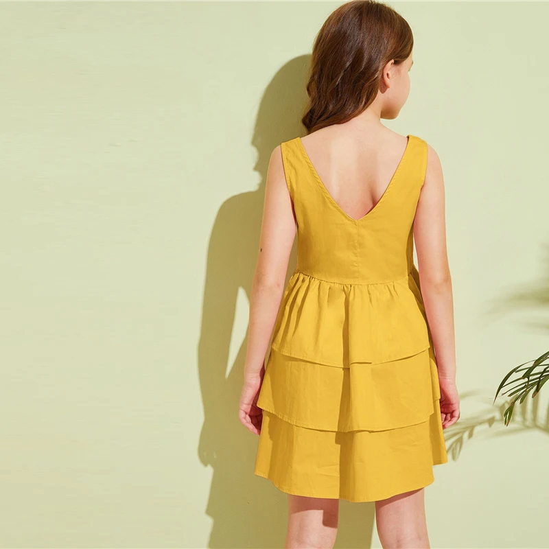 SHEIN детское короткое платье для девочек-подростков с оборками и пуговицами спереди, летние многоуровневые платья для девочек