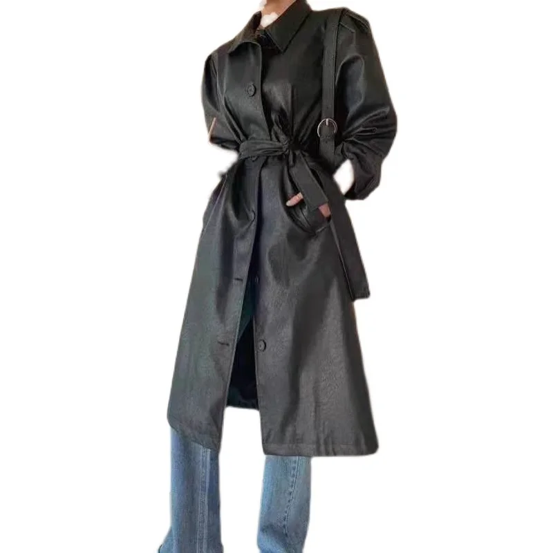 

Women's Black Faux Leather Jacket Plus Size Midi Long Waterproof Trench Coats With Belt Female Autumn Raincoat