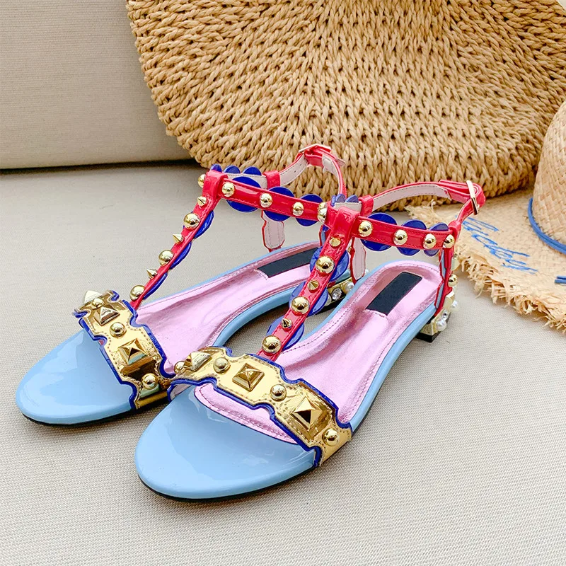 

Mixed-Colored Rivets Sandals Women Shoes Open Toe Flats Shoes Woman Summer Casual Beach Shoes Women Slippers zapatos de mujer