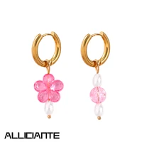 korean new pink y2k flower stainless steel hoop earrings for women simulated pearl crystal beads earrings party jewelry gifts
