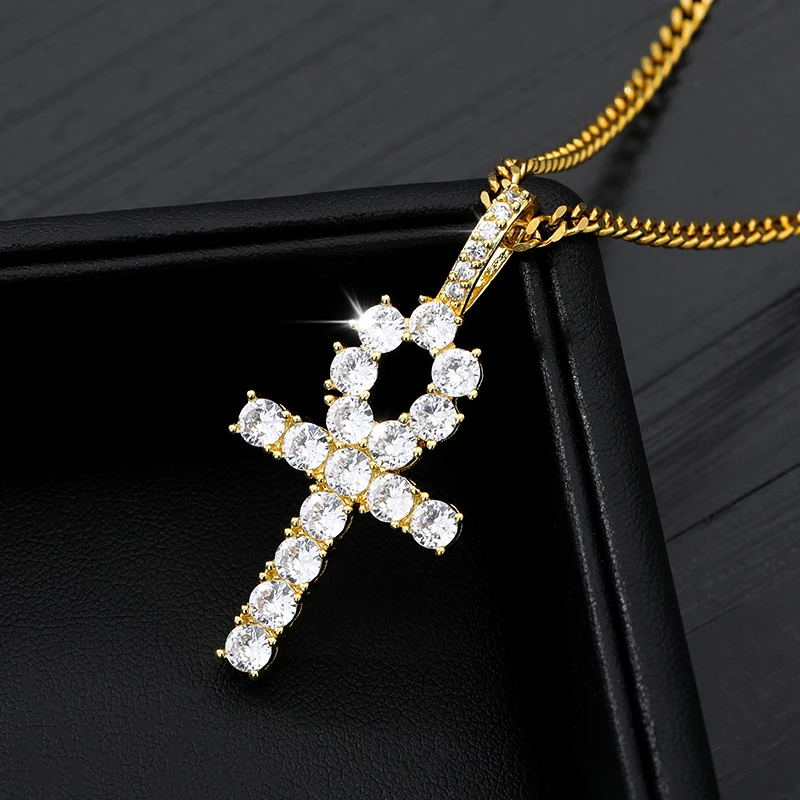 Shiny Ankh Cross Necklace Chain African Necklace Choker Necklaces For Women Men Egyptian Gold Color Zircon Pendants Jewelry