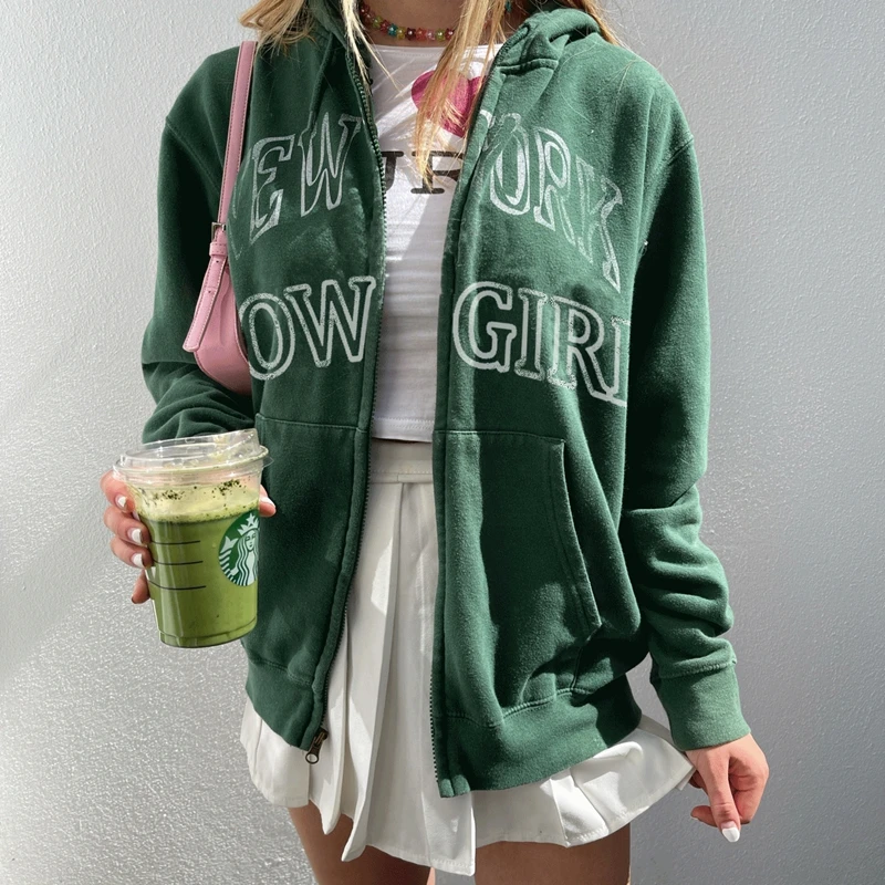 

Y2K Harajuku Letter Print Oversized Sweatshirt Women Casual Zip Up Long Sleeve Hoodies with Pocket Vintage 90s Streetwear Autumn