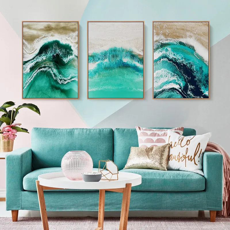

Nordic Style Living Room Home Decoration Poster Blue Wave Bedroom Living Room Frameless Printing Background Art Canvas Painting