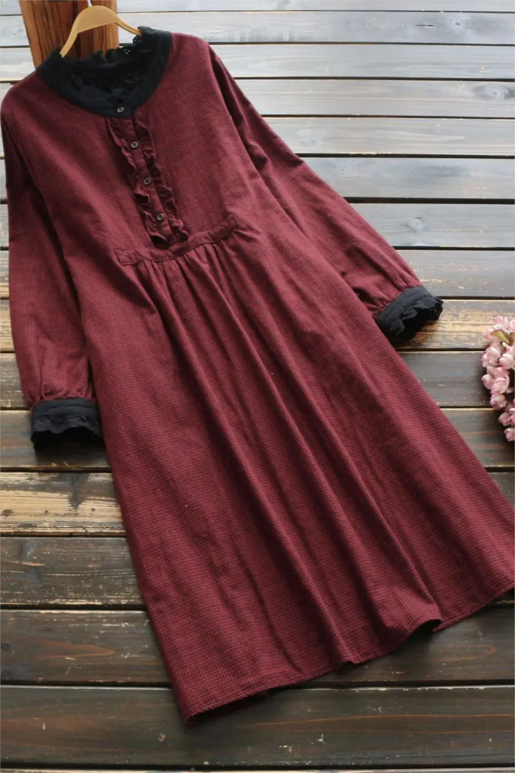 Женское платье на осень и весну 2020 хлопок лен в клетку с длинным рукавом