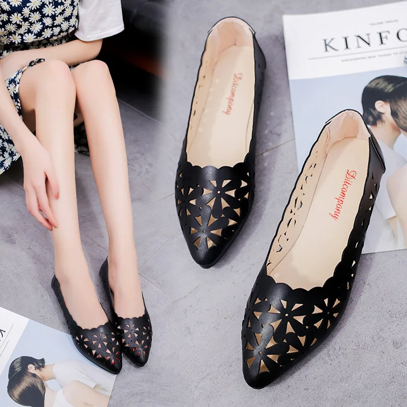 

Women PU Leather Pointed Toe Summer Slip-on Loafers Dress Hollow Flower Ladies Breathable Platform Flat Single Shoes