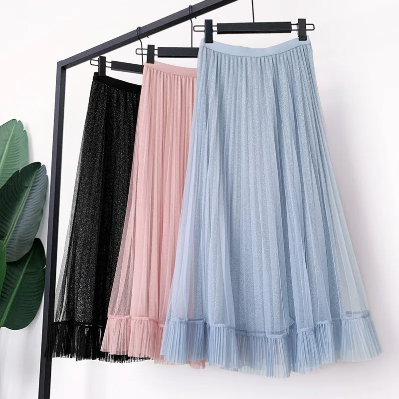 LANMREM 2020 New Spring High Waist Solid Color Mid-length Skirt Women Vintage Slim A-line Casual Mesh Pleated Tide PD557 | Женская