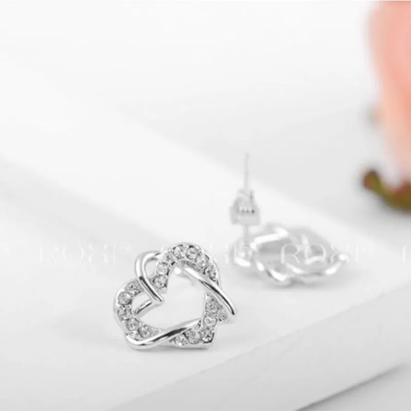 

FUN-BEAUTY Fashion Ladies Jewelry Set Korean Simple Set Jewelry Platinum Double Heart Wrapping Earrings + Necklace Two Piece Set