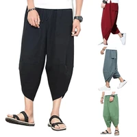 pants men solid color capri pants drawstring oversize samurai trousers style cropped pants