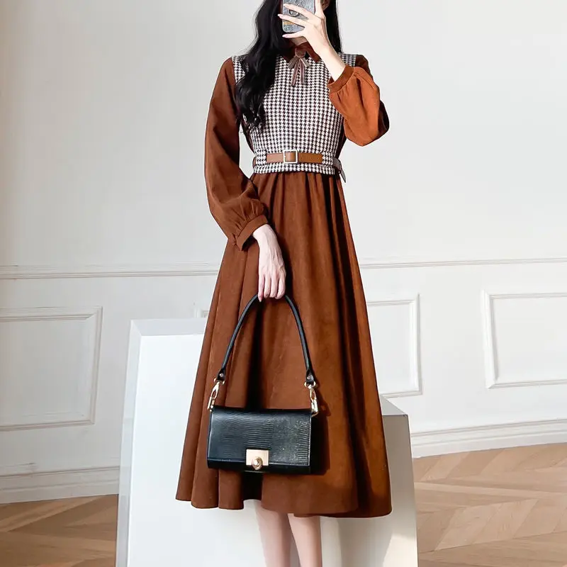 Women's Autumn Winter Dress Two-Piece Long Skirt Lightly Cooked Thin French Sweet Casual Dating Temperament Commute XL Dress