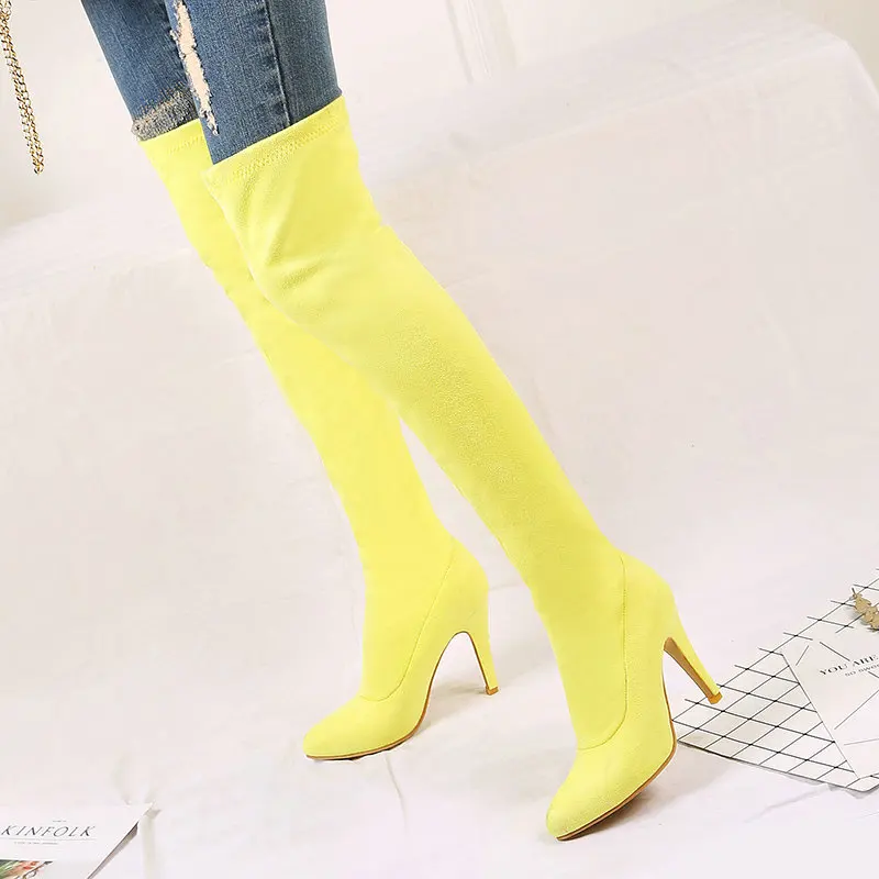 Модные женские сапоги-стрейч на тонком каблуке сапоги выше колена с острым