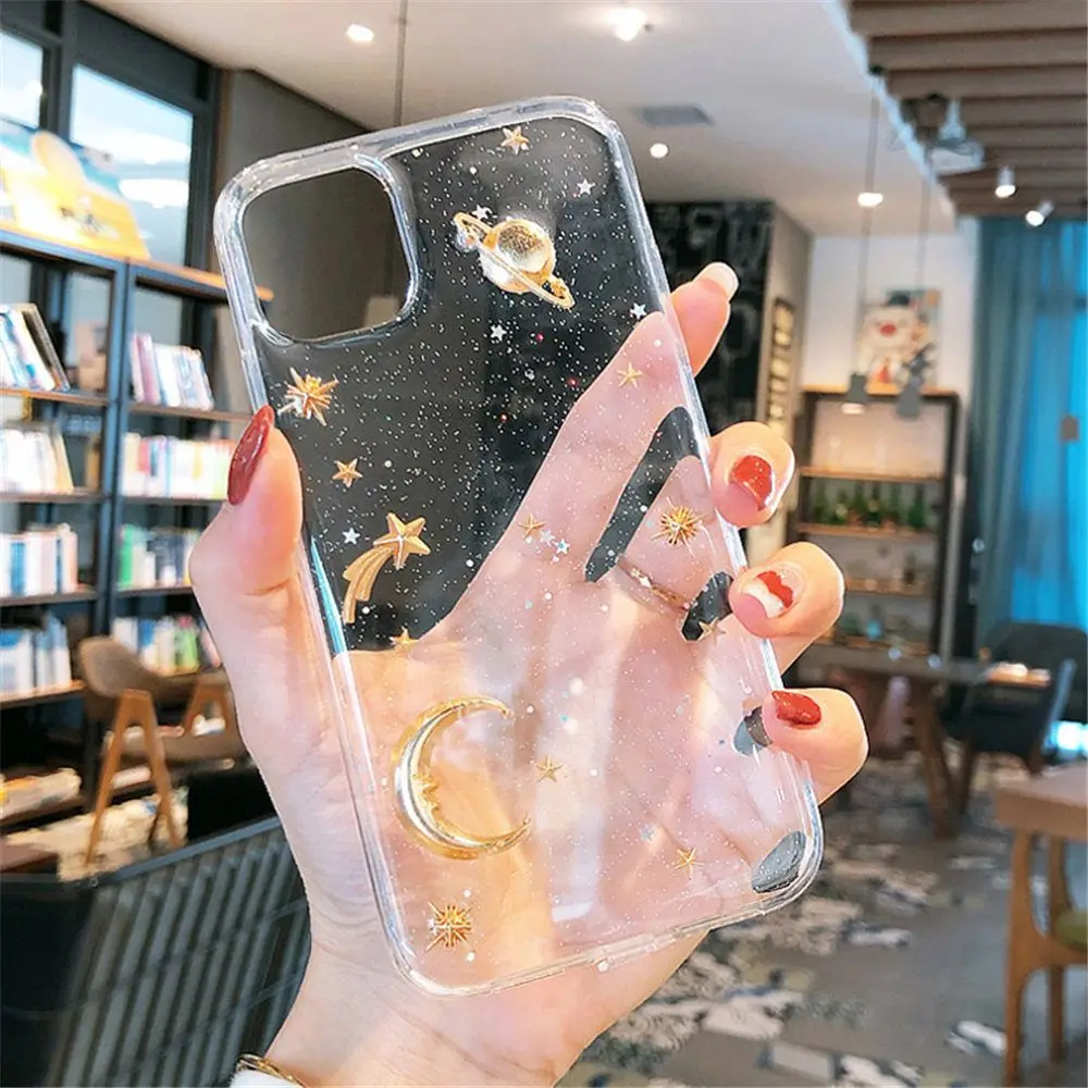 Прозрачный блестящий чехол для телефона с Луной и звездами iPhone 13 Pro 7 8 Plus 11 ProMax X XR XS