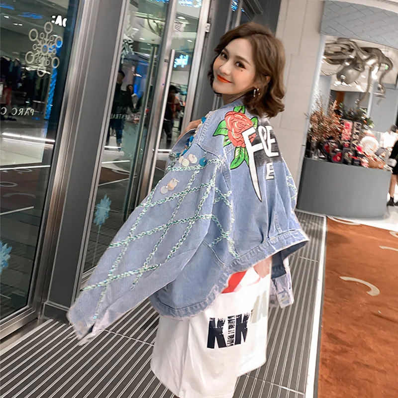 Женская джинсовая куртка Короткая свободная с блестками весна-осень 2021 | одежда