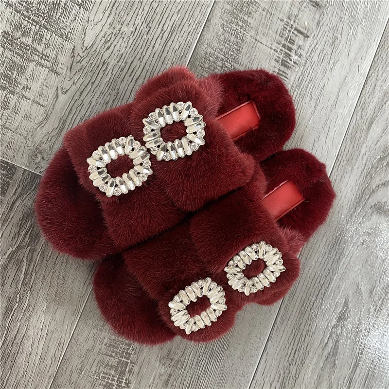 

Slippers For Men And Women In Summer High Quality Mink Hair Shoe Soft Comforatable Slimple Diamond Household Shoes