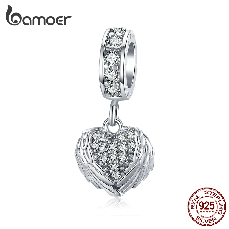 

bamoer Silver 925 Jewelry Dazzling CZ Heart with Wings Pendant Charm fit for Bracelet Bangle Guardian Fashion Accessories BSC138