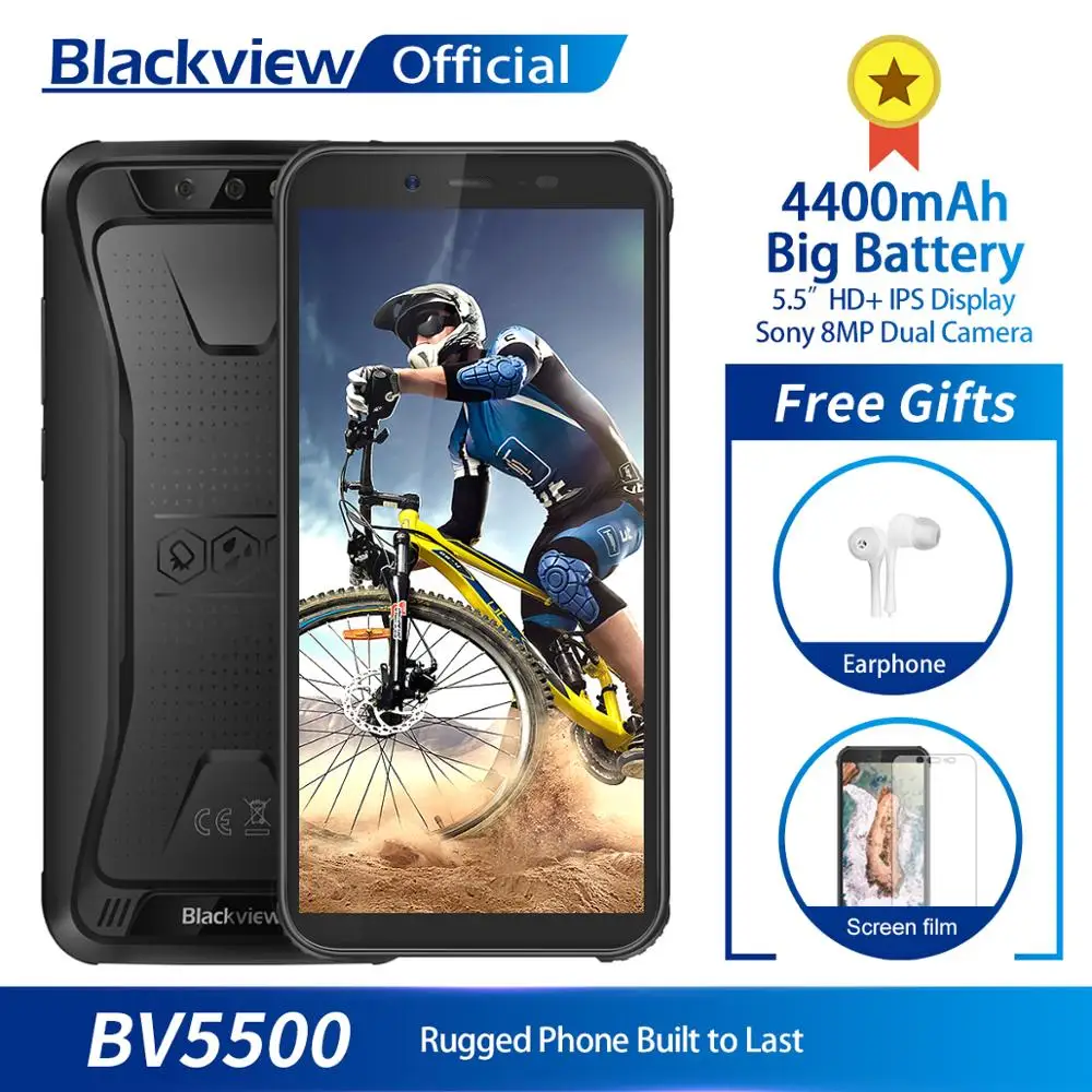 Blackview BV5500 водонепроницаемый мобильный телефон с IP68 MTK6580P 2 ГБ + 16 5,5 "18:9 экран 8,1 мАч Android 4400 Dual SIM прочный смартфон