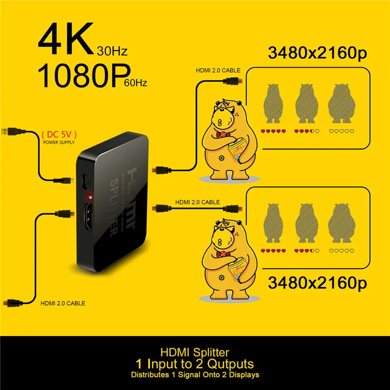 4khdmi-совместимый разветвитель 1 вход 2 выхода HD коммутатор с поддержкой 4KX2K 3D 2160p1080p